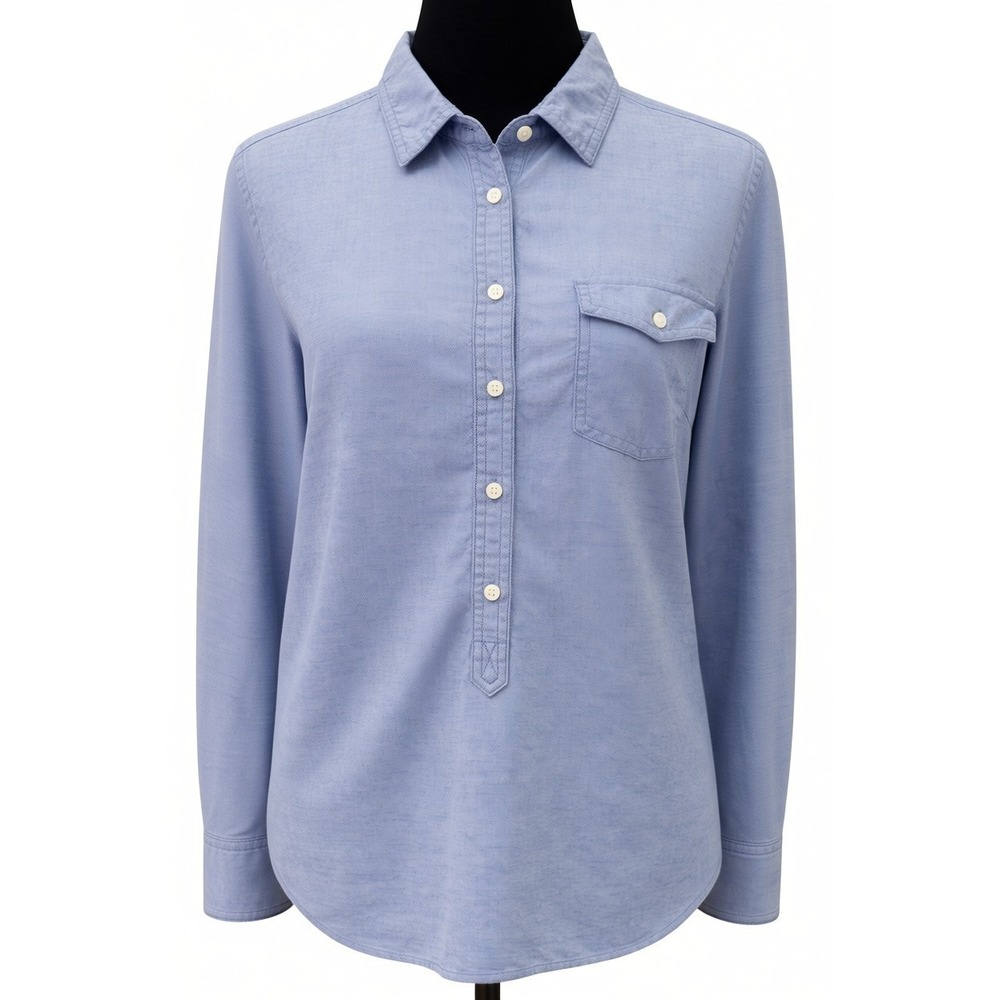 J. Crew Womens Oxford Collared V-Neck Denim Blouse Large Blue Long Sleeve Cotton